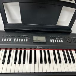Yamaha keyboard NP V80, 76 keys Graded Soft Touch keyboard with 500 natural sound voices and styles.

Width: 125cm
Height: 11cm
Weight: 7kg
Colour: Black
Number of Keys: 76
Features: Lightweight, Arpeggiator, Built-in Effects, Chorus

Comes as a set with stand, piano chair, and gig bag.