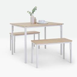 "Table:

Table size H76, W70, L110cm.
Self-assembly - 2 people recommended.
Bench:

Includes 2 benches.
Bench size H47, W80, D29cm.
Self-assembly.
Bench weight 5kg.
General information:

Wipe clean with a soft cloth.
Table package 1 size H10, W72, D117cm.
Individual chair package size H10, W72, D117cm."