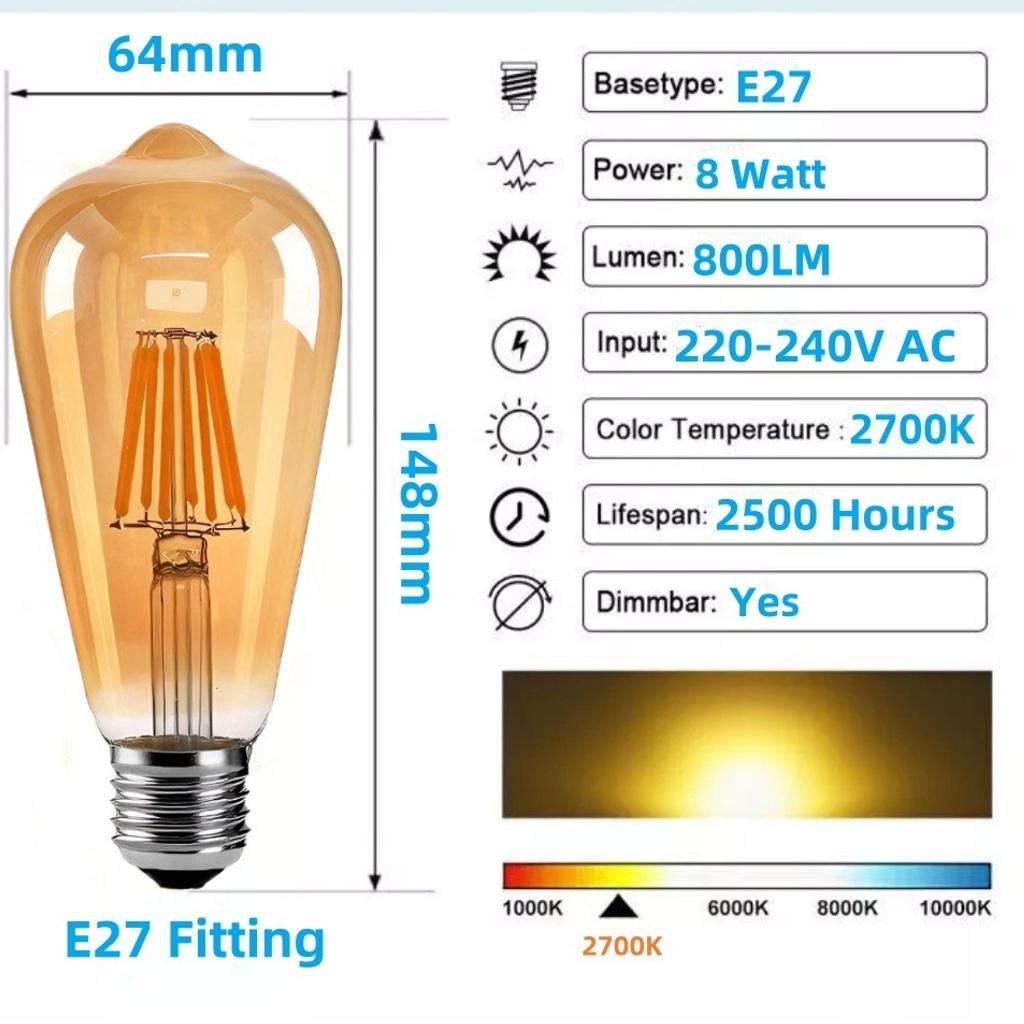 * Brand New Stock In Large Quantity Available
* Power: 8W
* Dimension: 64mm Diameter * 148mm Height
* Input Voltage: AC 220-240V
* Colour Temperature: Warm White, 2700k
* Tinted Glass: Amber
* Fitting Base: E27 (Edison Screw)
* Shape: ST64 Pear
* Brightness: 8000LM
* Beam Angle: 360 Degree
* LED Light Source, Power Saving & Long Lifespan
* Replacing Traditional Incandescent ST64 Bulb
* Ideal For Use At Living Room, Bedroom, Dining Room, Coffee Shop, Pub, Restaurant, etc.

Collection At Birmingham City Centre Area, B9 5DQ, Outside Clean Air Zone