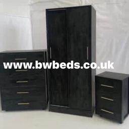 AERO BLACK STONE EFFECT SLIDING WARDROBE CHEST AND BEDSIDE

FULLY ASSEMBLED
HAS METAL RUNNERS
SLIDING WARDROBE: W785mm x D540mm x H1820mm
5 DRAW CHEST: W822mm x D405mm x H1062mm
3 DRAW BEDSIDE: W449mm x D405mm x H654mm

PLEASE NOTE THE HANDLES WILL BE SILVER T-BAR HANDLES AND IF YOU WOULD LIKE DIFFERENT ONES THEY ARE £15 EACH
£750.00

B&W BEDS 

Unit 1-2 Parkgate court 
The gateway industrial estate
Parkgate 
Rotherham
S62 6JL 
01709 208200
Website - bwbeds.co.uk 
Facebook - B&W BEDS parkgate Rotherham

Free delivery to anywhere in South Yorkshire Chesterfield and Worksop on orders over £100
Same day delivery available on stock items when ordered before 1pm (excludes sundays)

Shop opening hours - Monday - Friday 10-6PM  Saturday 10-5PM Sunday 11-3pm