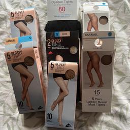 Seven boxes of ladies’ tights, all brand new and unopened:

2 x Five pack 10 denier gloss in Natural
1 x Five pack 10 denier gloss in Nude
Two pack luxury 10 denier gloss in Nude
Three pack 80 denier opaque in Black
2 x 15 denier ladder resistant matt in Caramel

£2 per pack or £10 the lot