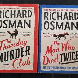 Hardback editions of The Thursday Murder Club and The Man Who Died Twice by Richard Osman. Light wear and minor signs of use to the jackets (see pictures). Other than that the books are in a good condition, and the pages are immaculate. We're selling both for £2.00, but happy to split for £1.00 each. As well as free collection from us, we also offer UK postal delivery for £3.19.