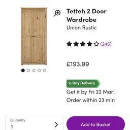 Hi, a fairly new single wardrobe literally bought 8 months ago from WayFair. There is no damage or scratches. 1 last price as moving homes. [collection only ]