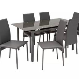 Lido Glass Grey Extending Dining Table & 6 Black Chairs 

💥New/other. Flat packed in the box💥

Table size H75, W80, L120cm
Size of table extended L150cm.
Integral table extension
Butterfly extension type
Includes 6 chairs
Size of each chair H96, W42, D49cm
Seat height 45cm
Self-assembly
Maximum user weight per chair 130kg

💥Check our other items💥