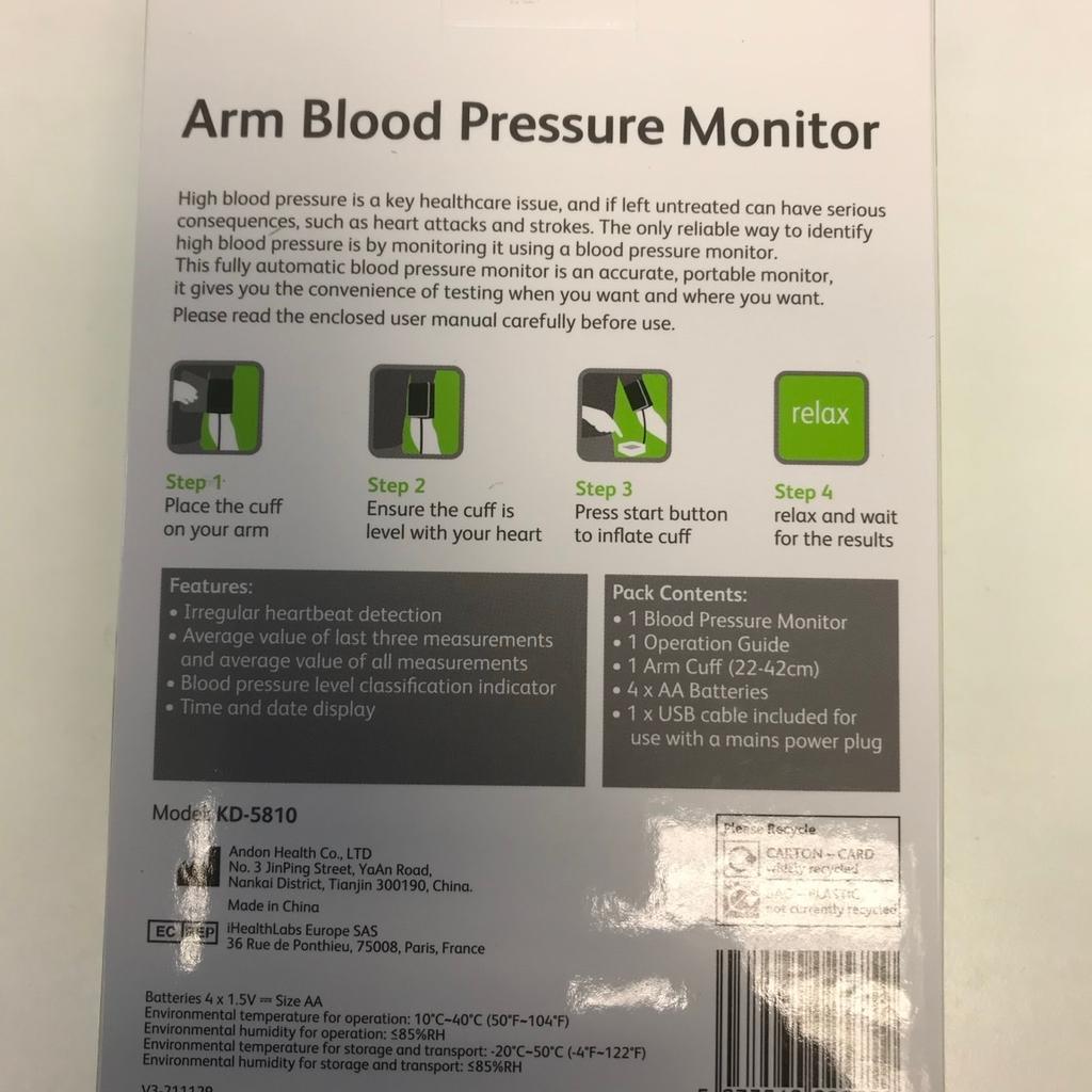 Arm Blood Pressure Monitor
 Large and easy reading
 Detect irregular heart beat
 Batteries and USB cable included
Can deliver in Luton, extra charge £3.00