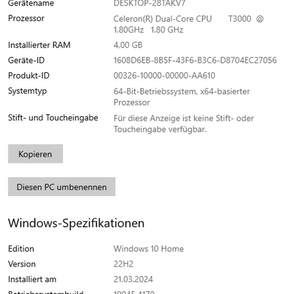 Verkauft wird ein voll funktionsfähiger Laptop:

- Windows 10

- Intel Celeron Dual Core 2 x 1,8GHz

- 4 GB Arbeitsspeicher

- 120GB superschnelle SSD Festplatte (Neu!)

- 15" Display

- DVD RW Laufwerk

Akku ist in guten Zustand!

Voll funktionsfähig und Konfiguriert!

zur Selbstabholung in 4860 Lenzing
