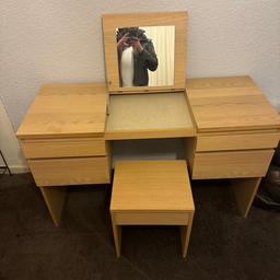 Dressing table with stool. 2 small draws 2 big draws. Fold down mirror beach wood effect. Couple of scratches. £50 ONO need to be gone asap