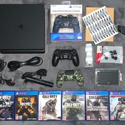 I’ve got this bundle available also comes with 11 games & few extras worth around £380 if was to buy from CEX. It’s all in mint condition & works perfectly with no issues, quiet ps4 aswell. 

PS4 Slim 1TB
SEAGATE 1TB Hard-drive
PlayStation Camera
3x Dual Shock Controllers
2x Controller USB
Charging Station + Cooling Fan
Dual Controller Holder
Sheet of 30 Controller Light Stickers
Pack 8 Sets Thump Stick Covers

GAMES INCLUDED:
SB Battle of Bikini Bottom Rehydration
Little Big Planet 3
Need For Speed Rivals
Uncharted 4: A Thief’s End
ARK Survivals
Ghost Recon Breakpoint LT
Call of Duty Modern Warfare
Call of Duty Advance Warfare
Call of Duty Infinite Warfare
Call of Duty Ghost
Call of Duty Black Ops 4

£260. Collection & local delivery possible.