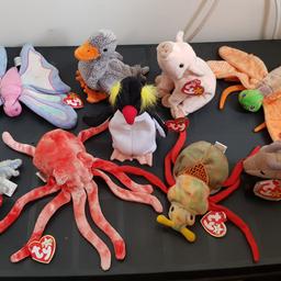 A selection of collectible original Ty Beanie Babies with tags c.1999-2000. They are £3.00 each or any three for £8.00. Here is a list of them...

Frigid the Penguin (2000)
Buzzy the Buzzard (2000)
Knuckles the Pig (1999)
Honks the Goose (1999)
Glow the Firefly (2000)
Wiggly the Squid (2000)
Flitter the Butterfly (1999)
Scurry the Beetle (2000)
Goatee the Goat (1999)

All are in clean excellent condition. As well as free collection from us, we also offer UK postal delivery for £3.19.