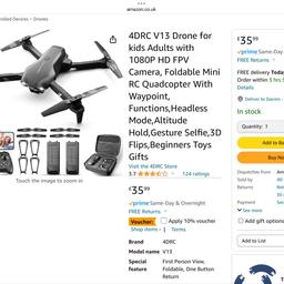As you can see, this is a brand new unopened Vicky Mini 4D-V13 drone. 

I have included an Amazon pic that shows these retail at £36. 

Far too many features to mention but a few include :

Adjustable Angle 1080 hd camera
Altitude hold function
3 speed modes
3D flip
One key return to base


And many more…….

Available for collection from Leigh WN7 near the infirmary (no offers, price is fixed).