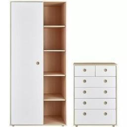 Habitat Camden 2 Pc 1 Door Wardrobe Set -White & Acacia

💥New/other. Flat packed in the box💥

Wardrobe:
Size H187.3, W84.1, D49.6cm.
Internal hanging space H174, W46.7, D47cm.
2 adjustable hanging rails.
Rail holds up to 8kg.
4 fixed shelves.
Wardrobe has 1 door

Chest of drawers:
Size H93.7, W64.7, D39.6cm

💥Check our other items💥