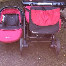 For sale is a silver cross  pioneer travel system in good condition comes with rain cover changing bag car seat and carry cot and parasol