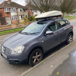 Nissan QASHQAI 2007 1.6 litre petrol engine
Grey colour, grey interior. Nearly 97000 on the clock. Roof bars included. Roof box not included. Last year had around £1800 spend on it for MOT, tyre’s look good, full service in May along with MOT, tracking done April last year. All new break pads and discs last May. New battery a couple of years ago. CD player doesn’t work, radio and Bluetooth calling does work. 2 keys included, 1 key will need a new battery. Full log book available. Couple of months left on the MOT. Spare space saver wheel in the boot. The 4 tyres look ok. The clutch was done at about 60000 miles. Drives fine, pulls in every gear, starts first time every time. Reason for sale is we have 2 cars and this is no longer needed. Mileage will go up as in daily use. This car is 17 years old, so don’t expect it to be immaculate. Viewings obviously welcome, I can show you any imperfections or slight small jobs you might want to do that I haven’t had done. No stupid offers please.