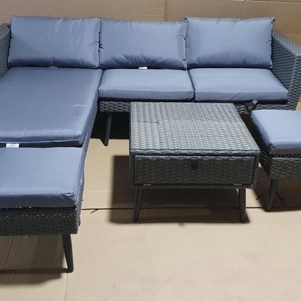 5 Seater Rattan Effect Garden Corner Sofa Set

Assembled
In 2 parts for easy transportation

💥ExDisplay💥See pictures

Set seats 5 people .
Set made from steel and rattan effect.
Storage included in: table - 0.02L total storage capacity.
Store inside when not in use.
Cover or store inside in winter months to prolong life of the products.
Total weight 42kg
Rattan effect table top.
Table size: H40, W60, L60cm.
Removable legs for storage
Chair seat and back made from rattan effect.
Size H38, W39, D39cm.
Seat height 38cm.
Seating area size W 191, D64.5cm.
110kg maximum user weight per chair
Sofa size H64, W205. D145cm.
220kg maximum user weight per sofa
Stool size H38, W39, D39cm.
110kg maximum user weight per stool

💥Check our other items💥