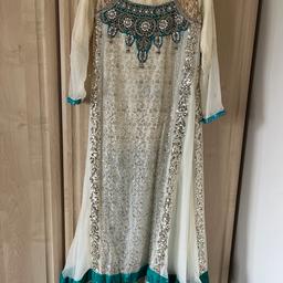Trail dress with churidaar pajama and scarf
Worn twice, dress has not been washed but trousers have been washed. The arms have got pulls on hence the reduced price. See 2nd last pic for condition of arms. Can wear a cardigan to cover it up. Paid £90 for it