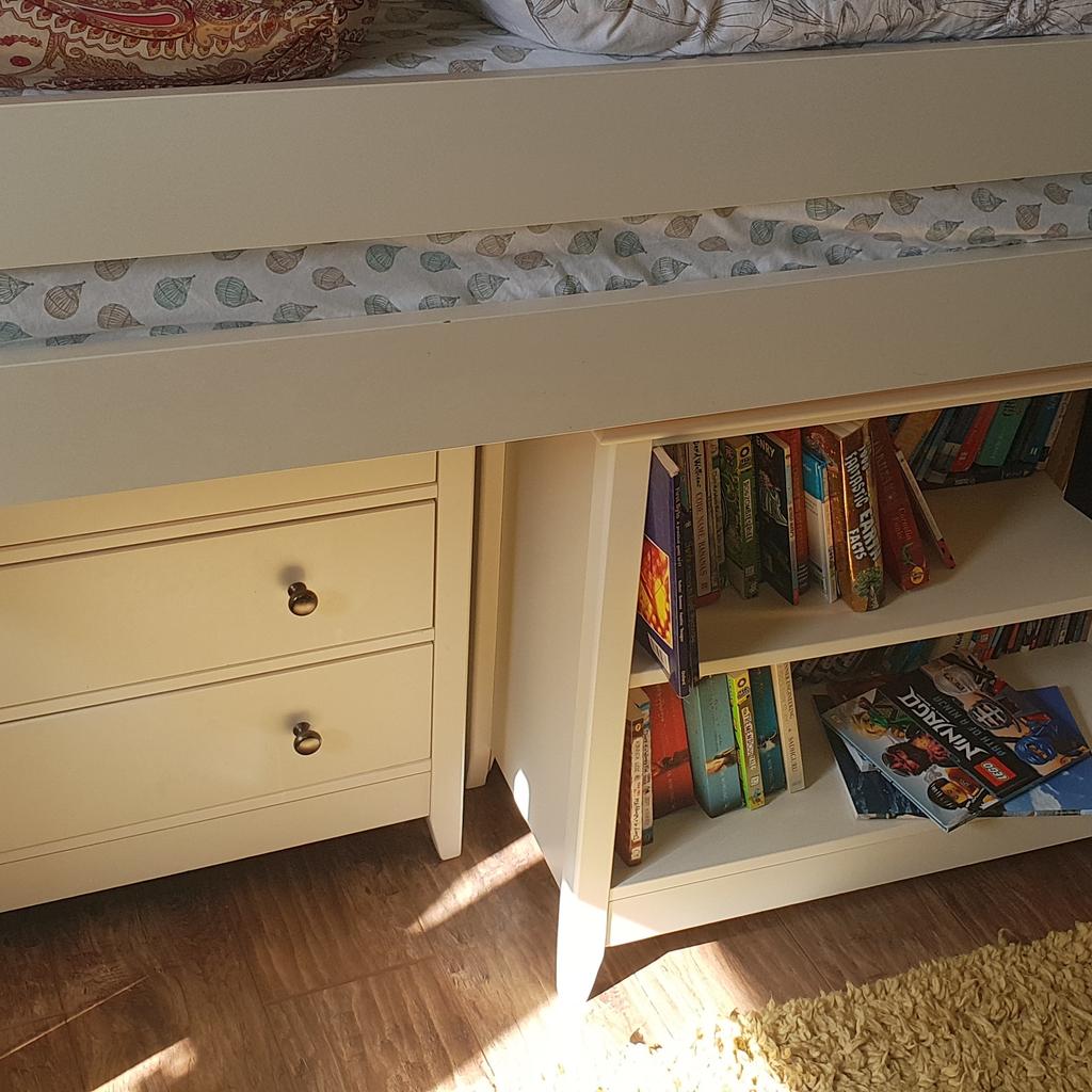 Very good condition , lovely single bed off white cream colour. Mid sleeper with space under the bed for a den/ playing or reading area.
With matching chest of drawers, bookcase, desk and chair. Size of bed 205cm long 98 width, fits a standard single mattress. Desk 88cm long 58 width. Chest of drawers and bookcase are 83 long 71 high. Everything can slide under the bed for good storage.
