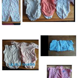 Put as fair as been stored some worn but still great and lots of use left.

Vests (Asda, sainsbury's tu, tesco, next and some have come from multi packs)
 vests ranging different sizes - up to 4.5kg, newborn, up to 3 months, 0-3 months.

sleep suits - first size

Calvin Klein sleep suit is 3-6 months

Romper suit - 0-3 months - George

Set - tiny baby - mothercare

 Boots - Baby size 4. - girl2girl