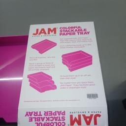 Strong sturdy pink stackable filing tray, new in box, holds 300 letter sized sheets of paper