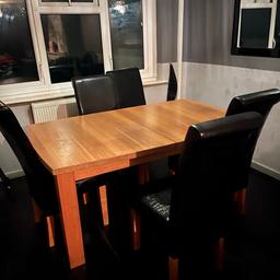 (will upload more photos soon so please do not buy until there’s atleast 5 photos)

oak extendable wooden table & 6 black leather chairs

used frequently & shows signs of use

brought from Argos about 10 years ago for £1,299

it’s survived a family of 6 lol 2 adults & 4 small children

table & chairs are well used as shown in photos

some chairs show more signs of use like cracking in the leather seats & table has pen marks, scratches & has lost most of its gloss

it’s a very heavy table & the chairs have weight to them also

I’ve never extended the table as it’s big enough already so don’t know the measurements when extended & I don’t know how to extend it either

will be taking the table down as it’s to big to fit through the house built up

COLLECTION ONLY BIRMINGHAM B34 7LL