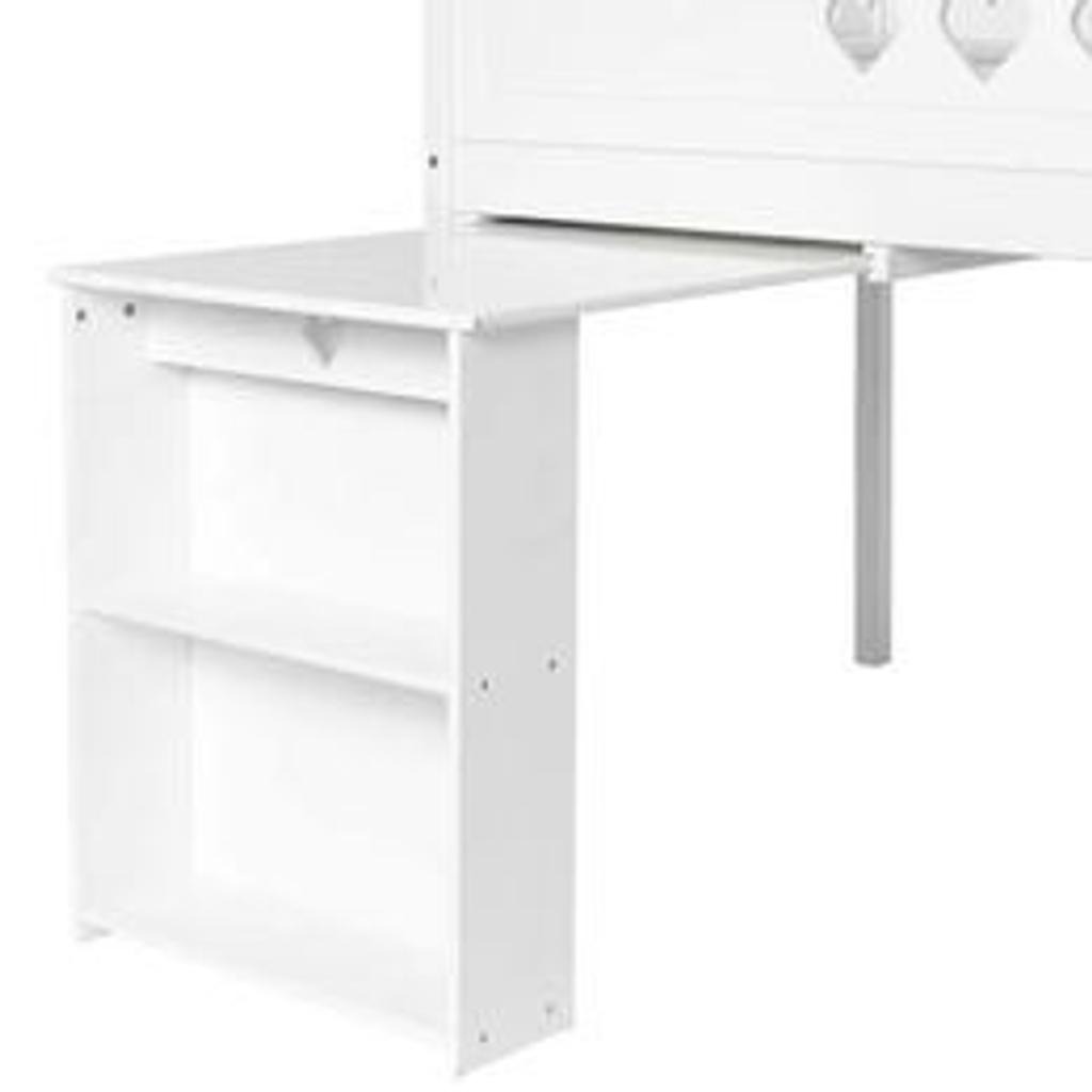 Habitat Mia Mid Sleeper Bed Frame with Desk - White

💥ExDisplay. Flat packed 💥

Mattress not included

Single bed.
White bed with a mdf and solid wood frame.
Includes wooden slats
Ladder can be positioned either side of the bed.
For ages 6 years and over
Safety rail height 32cm.
Frame size L195.3, W101.5, H116.8cm.
Clearance between floor and underside of bed 74.6cm.
Desk size H73.5, W60, D89cm

💥 Check our other furniture 💥