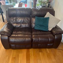 Purchased from Furniture Village
3 & 2 Seater Burgundy Moreno Leather Power Recliner Sofas with matching leather storage footstool - 

Sofas are in good working condition, some small rips but not noticeable and leather faded on a few small areas but doesn’t affect the product or the look.

Supportive high back, cushioned headrests and superb lumbar support

Cash on collection from B69 - open to sensible offers, quick sale

Sizes
2 seater
(e) Seat Wilth: 108cm (43 in) (f) Wiclth: 168cm (66 in) (g) Seat height: 50cm (20 in) (h) Arm height 63cm (25 in)

3 seater
(a) Height: 100cm (39 in) (b) Seat depth: 55cm (22 in) (c) Depth: 100cm (39 in) (d) Depth when reclined: 166cm (66 in)
(e) Seat width: 156cm (62 in) (f) Width: 219cm (86 in) (g) Seat height: 50cm (20 in) (h) Arm height: 63cm (25 in)