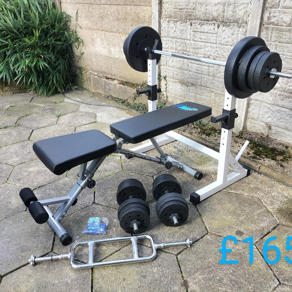Weight bench, Rack, Bars and 59kg of weights Brand-new lots of these sets available.
Collection from Ashton in Makerfield in Wigan £165 no offers.