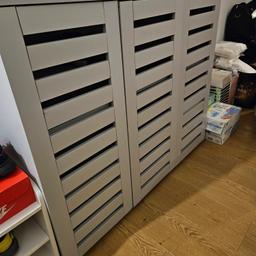 3 door grey wooden shoe storage cabinet rack stand cupboard slatted doors - used but in good condition, has a few marks but very minimal.