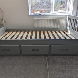 solid grey wooden single bed with 3 draw storage brilliant condition very little marks on draws can't even tell paid 450 for it looking for 100 as just need it gone to put up my daughter new bed collection only happy to send more pictures if interested 