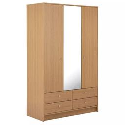 Malibu 3 Dr 4 Drawer Mirror Wardrobe - Oak Effect 

💥ExDisplay. Flat packed in the box 💥
Item is in very good overall condition item that may have small cosmetic defects as marks, scratches

Made of wood effect.
Metal handles.
3 doors.
1 mirror.
Mirror covers full door.
4 drawers with metal runners.
1 fixed hanging rail.
Hanging rail holds up to 10kg.
1 fixed shelf.
3 adjustable shelves
Size H180.5, W110.3, D49.8cm.
Internal hanging space H97.5, W71.4, D47.6cm.
Internal drawer H12, W47.8, D43.8cm.
Handle size: L2.2, W2.2cm.
Weight 72kg

💥 Check our other items💥