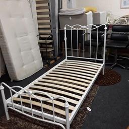 This white metal 3ft single bed frame is in good all-round used condition. Maybe an odd mark on the frame.. The frame on its own is £60. 

Good quality named mattress's available from £76... 

Our second hand furniture mill shop is LOW COST MOVES, at St Paul's trading estate, Copley Mill, off Huddersfield Road, Stalybridge SK15 3DN... Delivery available for an extra charge. 

There are some large metal gates next to St Paul's church... Go through them, bear immediate left and we are at the bottom of the slope, up from the red steps... 

If you are interested in this or any other item, please contact me on 07734 330574, or on the shop 0161 879 9365...Many thanks, Helen. 

We are OPEN Monday to Friday from 10 am - 5 pm and Saturday 10 am - 3.30 pm... CLOSED Sundays. CLOSED Bank Holiday long weekends...