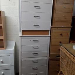 This beige gloss painted tallboy is £50 and is in good overall used condition. Some marks in one of the drawers however.. The matching four drawer bedside cabinet is £20 and is only in fair overall condition due to marks and blemishes on the paintwork.. 

Tallboy - 25 inches wide x 16.5 inches deep x 4 ft high..£50 
Four drawer bedside cabinet - 23.5 inches wide x 14 inches deep x 31 inches high..£20 

Our second hand furniture mill shop is LOW COST MOVES, at St Paul's trading estate, Copley Mill, off Huddersfield Road, Stalybridge SK15 3DN...Delivery available for an extra charge. 

There are some large metal gates next to St Paul's church... Go through them, bear immediate left and we are at the bottom of the slope, up from the red steps... 

If you are interested in this or any other item, please contact me on 07734 330574, or on the shop 0161 879 9365...Many thanks, Helen. 

We are normally OPEN Monday to Friday from 10 am - 5 pm and Saturday 10 am - 3.30 pm.. CLOSED Sundays.