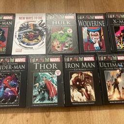 These are apart of Marvel’s Graphic Novel Collection hardbacks set, they’re in no particular order and are roughly valued at £5 each. The titles below are:

The Amazing Spider-Man: Birth of Venom
The Amazing Spider-Man: New Ways to Die
The Incredible Hulk: Silent Screams (Still Sealed)
Wolverine
Uncanny X-Men: Dark Phoenix
The Amazing Spider-Man: Coming Home
Thor: Reborn (Still sealed)
Iron Man: Extremis
The Ultimates: Super-Human

Collection is preferred due to weight but can also post for a high delivery fee.