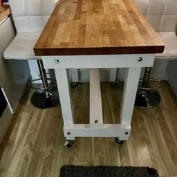 Hi,

I am selling a custom handmade island/table that we had made to expand our kitchen. (Image attached m) It was made to be the same height as a countertop and width. It’s on solid wheels and can be secured into one please or take off the locks and it can be moved about easily.

We paid over £700 as it was custom hand made. We’ve kept the wood treated regularly so it’s in great condition.

It’s painted white, topped with solid oak.

Please note this is collection only.

H: 37 inches / 94cm
W: 24-1/2 inches / 61 cm
L: 39 1/2 inches / 100cm

Thank you x