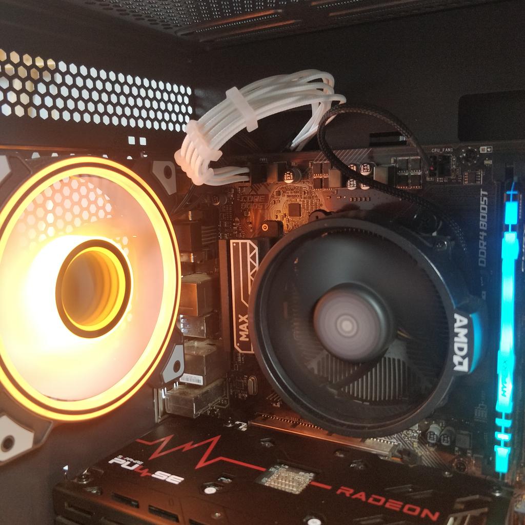 Here to help friendly PC hobbyist.
PLEASE NOTE: Currently Shpock wont allow my notifications/messages either on desktop PC or via mobile phone - please email me at: monoxidepuppy@gmail.com I have proofs on gumtree and ebay that I'm legitimate.

Ryzen 5 2600 (comes with box)
RX 6600 (comes with box)
B450 TOMOHAWK MAIN BOARD (comes with box)
1 TB SSD (comes with box)
16 GIG OF FURY RGB 3200mhz RAM (comes with box)
RGB SYSTEM FAN + EXTRA BAR + remote control.
Be quiet power supply 730w power supply rated bronze.
Extra cosmetics in the white cabling.
Tempered glass case. (Brand new)
Comes with case box for safe transport.
Its running cyberpunk at 1080p on high at 60FPS.
System has been checked and everything is running as it should be.
BIOS update done.
Windows 10 fully updated (legit key)
I've even removed the bloatware from windows 10 so you are running lean, boots fast.
CPU temperature at idle is 29c - a superb temp.

Pick up Leeds.
Open to Near offer or hardware swaps.