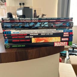 For sale I have a selection of graphic novels by Marvel, DC and the walking dead. All mint condition as have been stored away after being read once. Selling due to reducing the size of my collection. Thanks for looking.