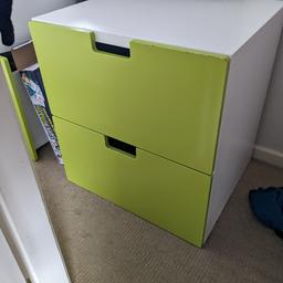 IKEA chest of drawers, kids bedroom furniture, marks on the edges at the top, so expect wear and tear.
23.5 inches length 
25 inches tall
20 inches depth
Chest of drawers