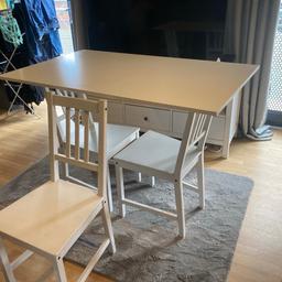 IKEA table and 4 chairs, also comes with 2 extra folding chairs, please note the legs of the table have been removed for storage purposes