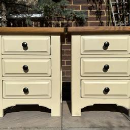 This lovely pair of Savannah 3 drawers bedside tables /cabinets is in a great used condition, with some minor dents, nicks, marks and starches, other than that it’s in a great state and shape. See pictures.

This beautiful collection of furniture will add style along with practical storage solutions. With classic styling and traditional lines, this collection of painted furniture with oak/oak veneer tops is ideal for city and country settings alike. This range will add a touch of colour, style and elegance to any home

Featuring three drawers each, with round knobs.

Size: H 62.6cm x W 53cm x D 40.5cm

Any questions please let me know

Please see matching double bed frame and my other items

Collection from Sunbury, Surrey and can deliver for a fee