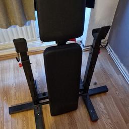 Selling foldable bench press, Bench can withstand over 125kg (without weight). Barbell and dumbbells included as well as 50kg of weight discs. 

Dimensions when unfolded:
- Length: 124cm
- Width: 100cm 
- Height: 115cm

Bench dimensions
- Length: 113cm
- Width: 26cm 
- Height: 41cm
- Seat: 30cm
- Backrest length: 79cm

Collection only