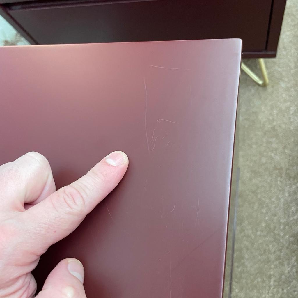 Lovely dark red colour. Reasonable condition, but there are some small white chips on the edges and scratches on the top. This reflected in the price. Just £20 each, You could cover the chips with a pen or paint. 50cm wide, 54cm high, 40cm deep. Quite big for a bedside table, so very practical. Pick up in Sunbury or I can deliver locally for free by car. Message me to discuss anything further.