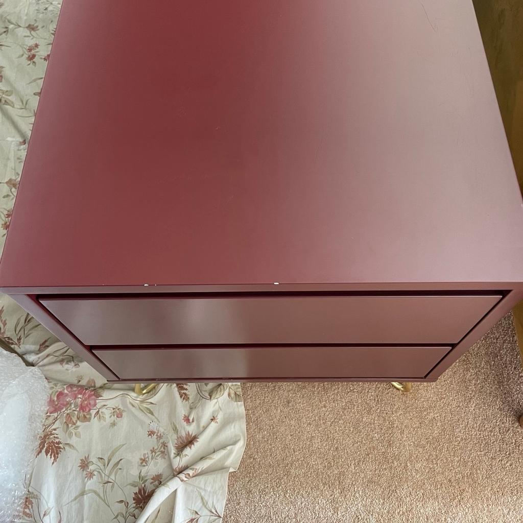 Lovely dark red colour. Reasonable condition, but there are some small white chips on the edges and scratches on the top. This reflected in the price. Just £20 each, You could cover the chips with a pen or paint. 50cm wide, 54cm high, 40cm deep. Quite big for a bedside table, so very practical. Pick up in Sunbury or I can deliver locally for free by car. Message me to discuss anything further.