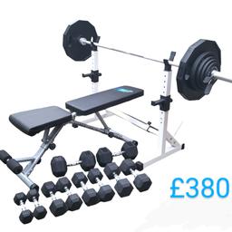 7ft 20kg Olympic bar
2 x Spring collars

2 x 25kg Rubber Hex Olympic plates
2 x 10kg Deep Dish Olympic plates
2 x 5kg Deep Dish Olympic plates
2 x 2.5kg Deep Dish Olympic plates
2 x 1.25kg Deep Dish Olympic plates 

2 x 20kg Hex Dumbbells
2 x 10kg Hex Dumbbells
2 x 7.5kg Hex Dumbbells
2 x 5kg Hex Dumbbells
2 x 2.5kg Hex Dumbbells

Collection from Ashton in Makerfield in Wigan £380