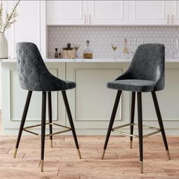 Upholstered Velvet High Bar Stools in lovely grey finished with black and gold frame

these are a set of 2 boxed new