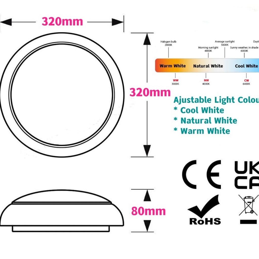 * Brand new stock in large quantity available
* High quality 18 Watt LED flush ceiling light
* Integrated rechargeable battery for 3 hours emergency operation time
* Green recharging indication LED light
* Including adjustable microwave sensor (adjustable Hold Time, Detection Range, Lux, Sensor On/Off)
* Outdoor and Indoor use, IP65 waterproof function
* Surface mount: Ceiling mount and wall mount
* Adjustable LED Light Colours: Cool White / Natural White / Warm White
* Brightness: 1800 LM
* Not Dimmable
* Size: 320mm Diameter x 80mm Height
* Suitable for residential and commercial use, such as bathroom, kitchen, stairs, garage, hallway, corridor, car park, etc.

Price:
* 18W LED Bulkhead With Microwave Sensor: £30 (No Emergency Function)
* 18W 3 Hours Emergency LED Bulkhead With Microwave Sensor: £40

Collection at B9 5DQ, Birmingham City Centre Area (Outside Clean Air Zone)