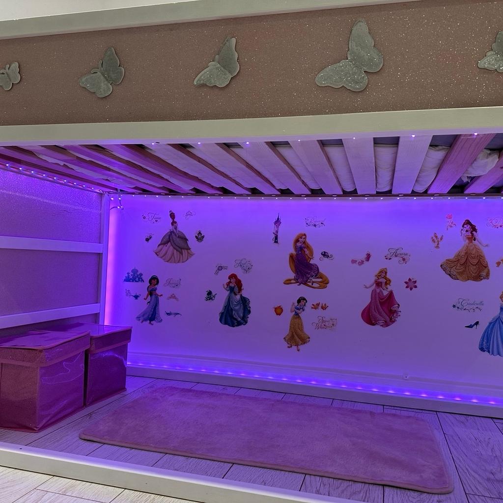 Ikea Kura bed custom designed, a stunning girls bed with LED lights, can be used as kids bunk bed or a cozy play area at the bottom.

I originally paid £189 for the Kura bed,
£150 for the custom design

To dismantle it the LED lights needs to be removed and glued back on.
