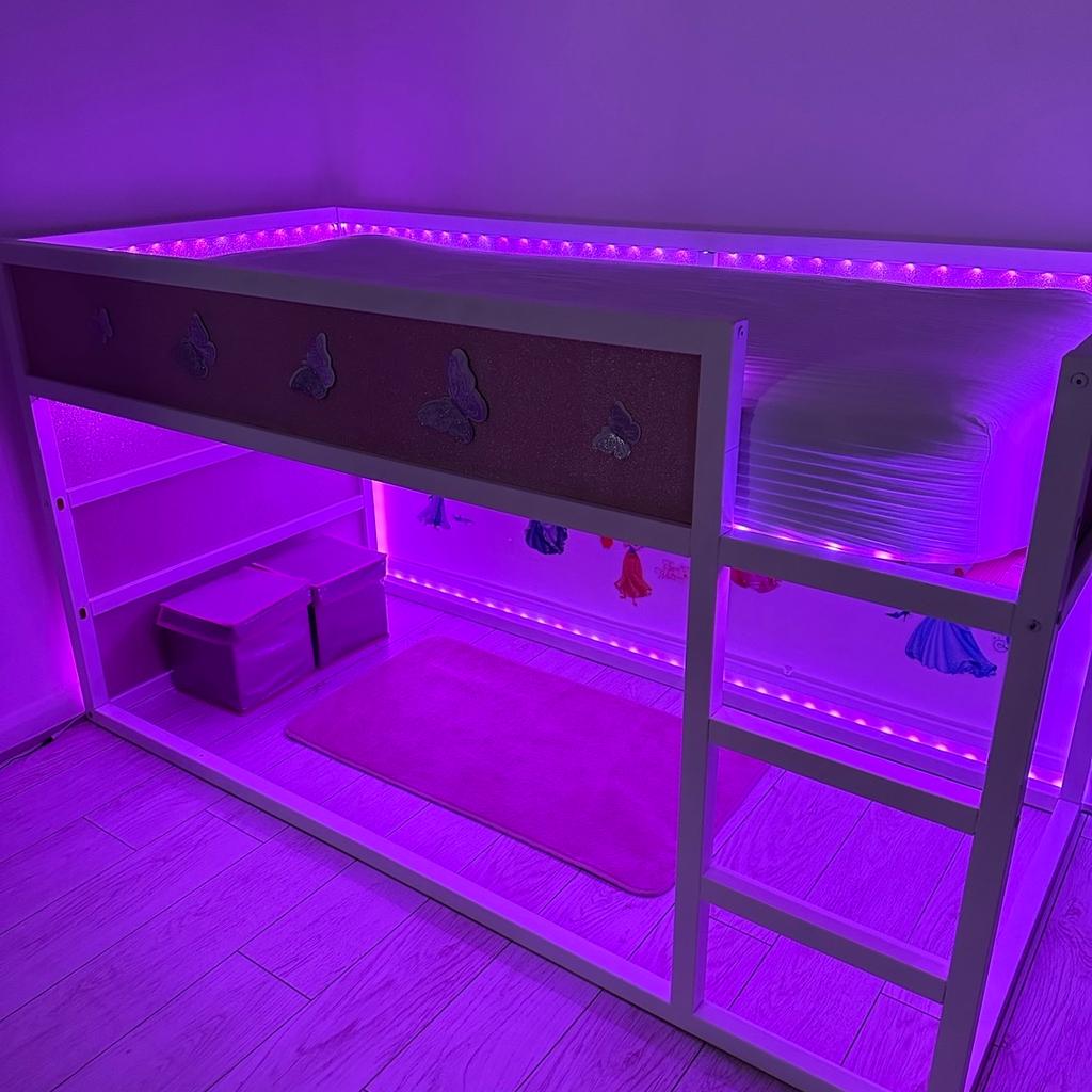 Ikea Kura bed custom designed, a stunning girls bed with LED lights, can be used as kids bunk bed or a cozy play area at the bottom.

I originally paid £189 for the Kura bed,
£150 for the custom design

To dismantle it the LED lights needs to be removed and glued back on.