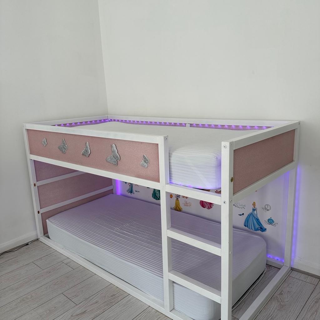 Ikea Kura bed custom designed, a stunning girls bed with LED lights, can be used as kids bunk bed or a cozy play area at the bottom.

I originally paid £189 for the Kura bed,
£200 for good quality mattress
£150 for the custom design

Now selling it with mattress for £300

To dismantle it the LED lights need to be removed and glued back on.
