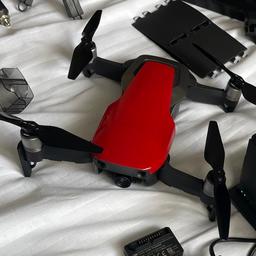DJI Mavic air in red, original gimbal cover, Fly more package, 3 batteries, mains charger and bag. Controller with micro usb,type C and lightning connectors. Car charger, signal booster, spare blades and joysticks with connector to charge other items from a drone battery also a mount to attach a larger display, eg iPad or tablet. Perfect condition. Never been crashed or damaged. Little used. Only 15 hours flight time. Ready to fly.
Call or txt 07510708006 anytime.