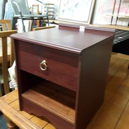 This mahogany veneered bedside cabinet with one drawer is in good all-round used condition...

15.5 inches wide x 16 inches deep x 20 inches high.

Our second hand furniture mill shop is LOW COST MOVES, at St Paul's trading estate, Copley Mill, off Huddersfield Road, Stalybridge SK15 3DN...Delivery available for an extra charge.

There are some large metal gates next to St Paul's church... Go through them, bear immediate left and we are at the bottom of the slope, up from the red steps... 

If you are interested in this or any other item, please contact me on 07734 330574, or on the shop 0161 879 9365...Many thanks, Helen.

We are normally OPEN Monday to Friday from 10 am - 5 pm and Saturday 10 am -  3.30 pm.. CLOSED Sundays. CLOSED Bank Holiday long weekends...