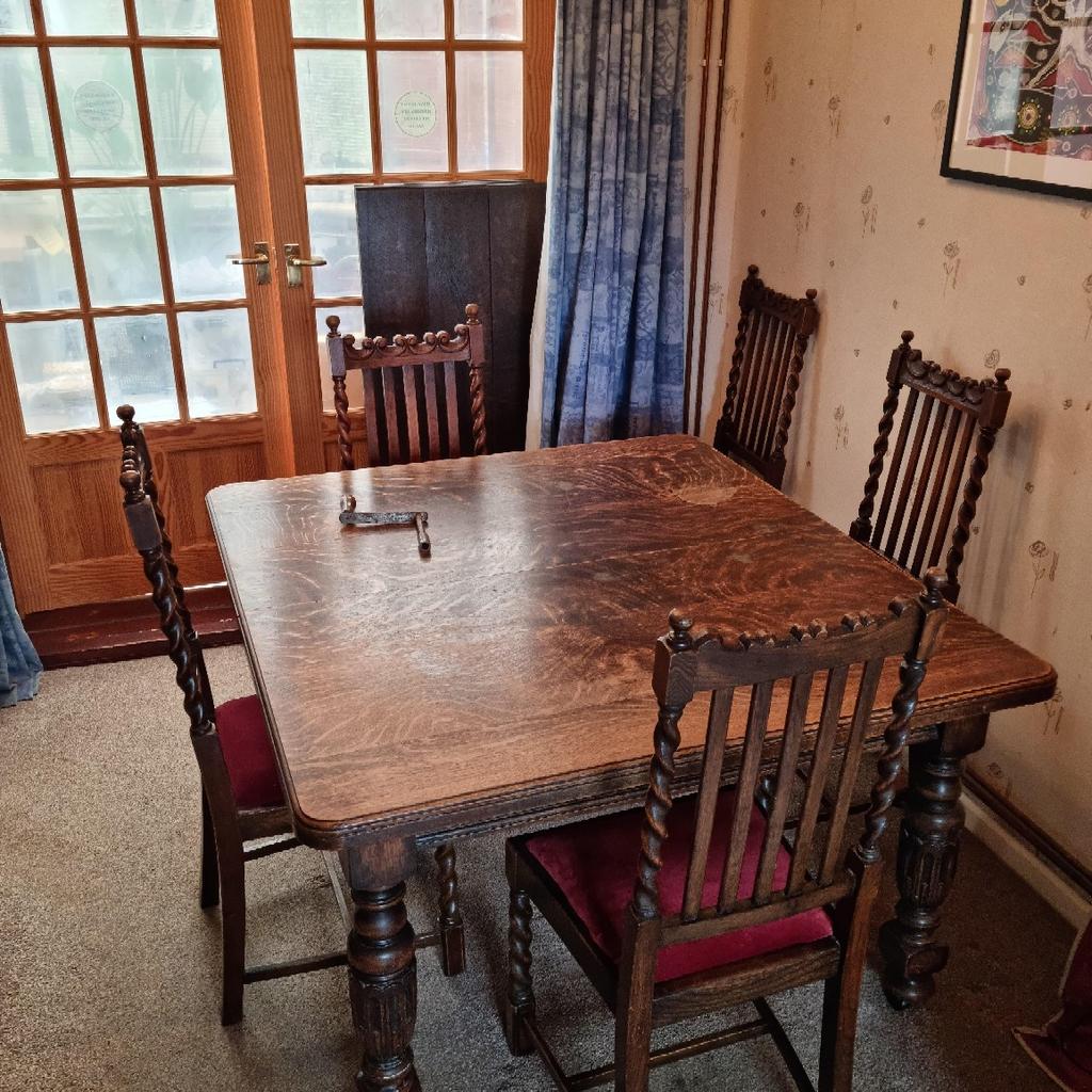 Victorian solid oak wind-out table
Has 6 slated back chairs plus 2 top & tail chairs with arms
Original wind-out mechanism and handle
Table height - 73cm
Table width - 121cm

Table full length out - 240cm
Table length in - 131cm
Two infills- 1x 53cm wide 1x 56cm wide
Excellent condition
For collection only
Will consider reasonable offers
Cash or UK bank transfer only no Wise or PayPal